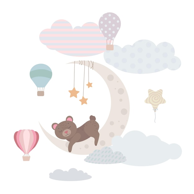 A cute bear cub sleeps on the moon Animal on the moon Balloons and airship Children's illustration Cute print vector Isolated on a white background