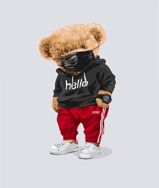 Vector cute bear doll in black face mask and track pant vector illustration