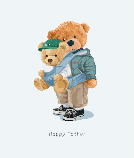 cute bear doll family, father and son in front carrier vector illustration