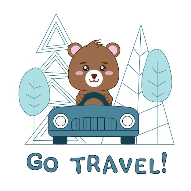 Cute bear driving the car cartoon illustration