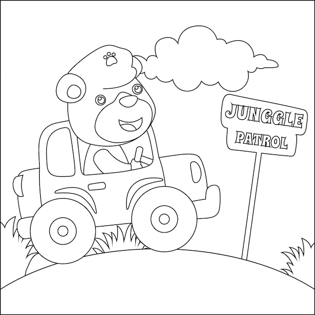 Cute bear driving a car go to forest funny animal cartoon colouring book or page