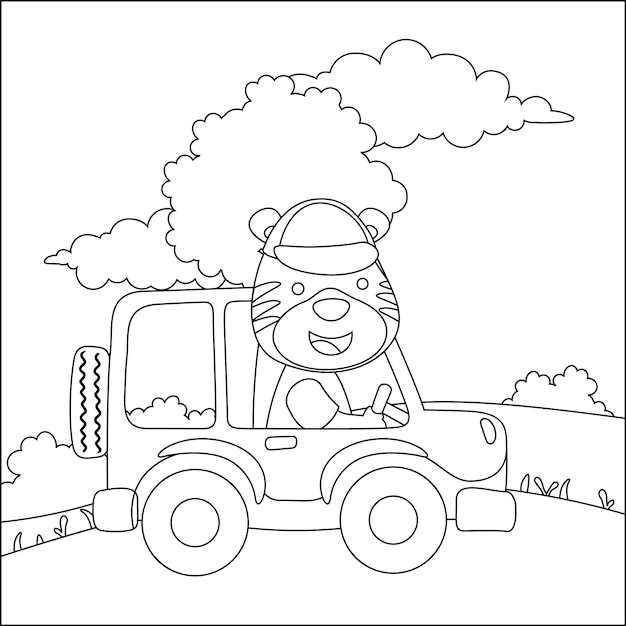 Cute bear driving a car go to forest funny animal cartoon colouring book or page