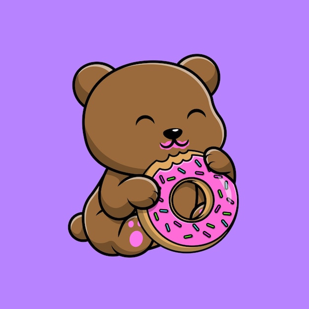 Cute Bear Eating Doughnut Cartoon Vector Icon Illustration