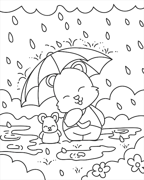 Cute bear enjoying the rain Coloring book