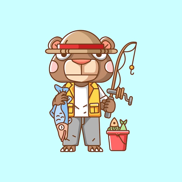 Cute bear fisher fishing animal chibi character mascot icon flat line art style illustration concept