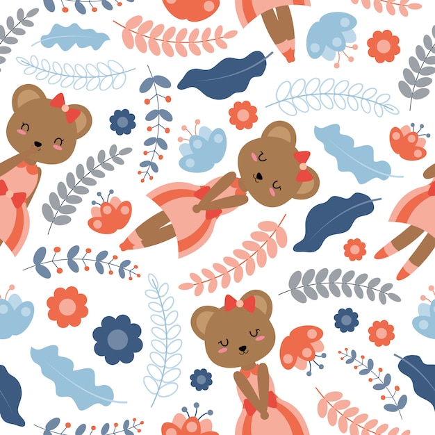 Cute bear and flowers pattern cartoon for Spring wallpaper