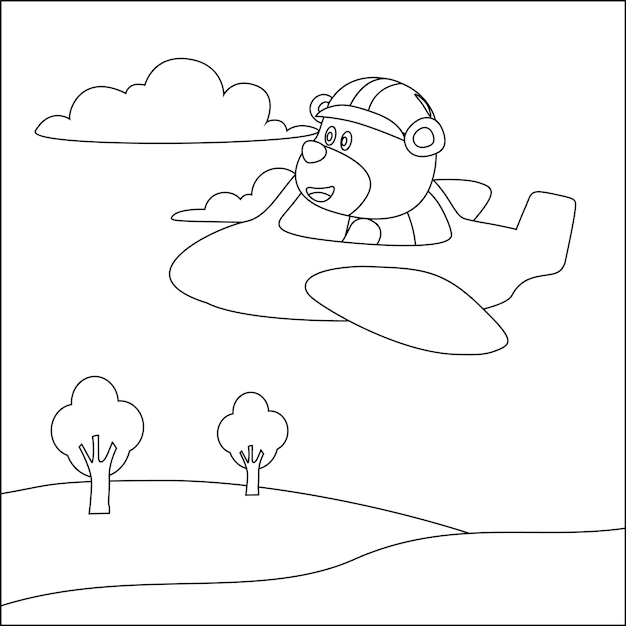 Cute bear flying in airplane cartoon hand drawn colouring book or page