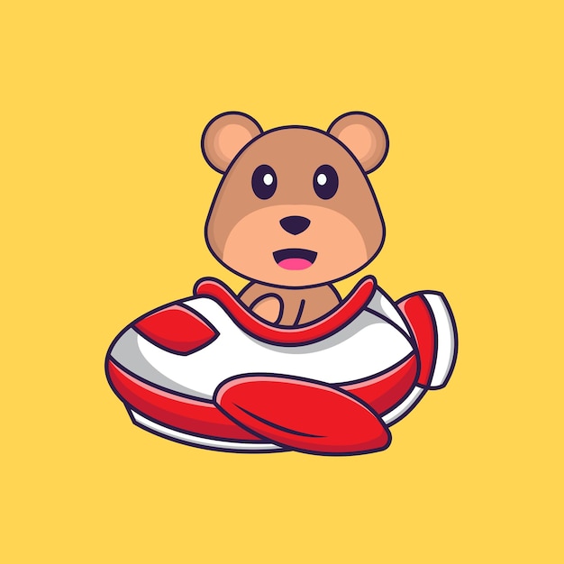 Cute bear flying on a plane. Animal cartoon concept isolated. Flat Cartoon Style