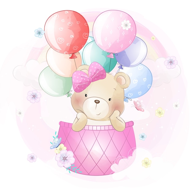 Cute bear flying with air balloon