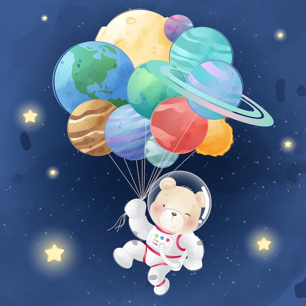 Cute bear flying with planet balloons