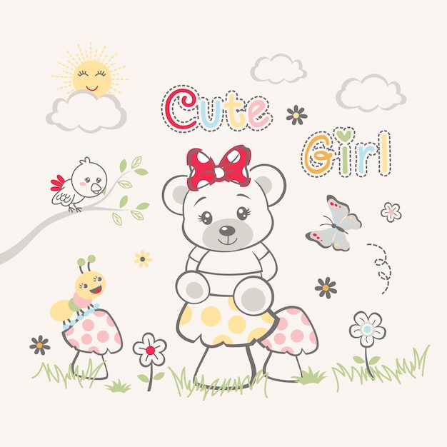 Cute bear on garden background with flowers vector