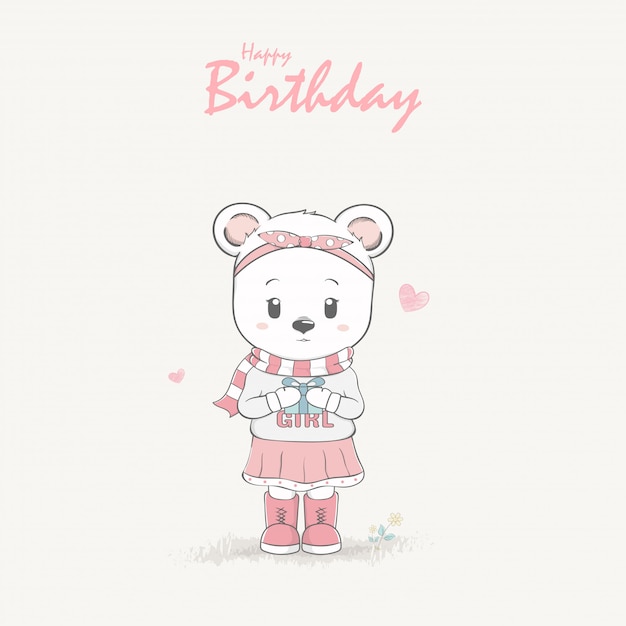 Vector cute bear girl cartoon happy birthday greeting and invitation card.