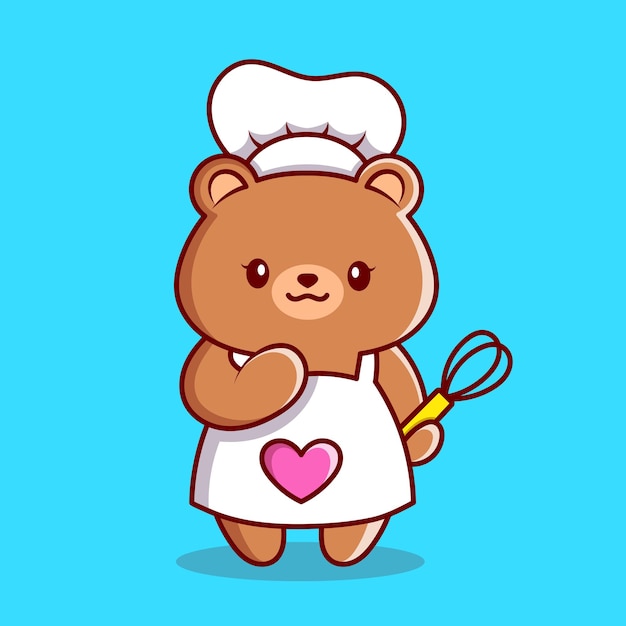 A cute bear girl in a chef's hat and with a twist in her hand