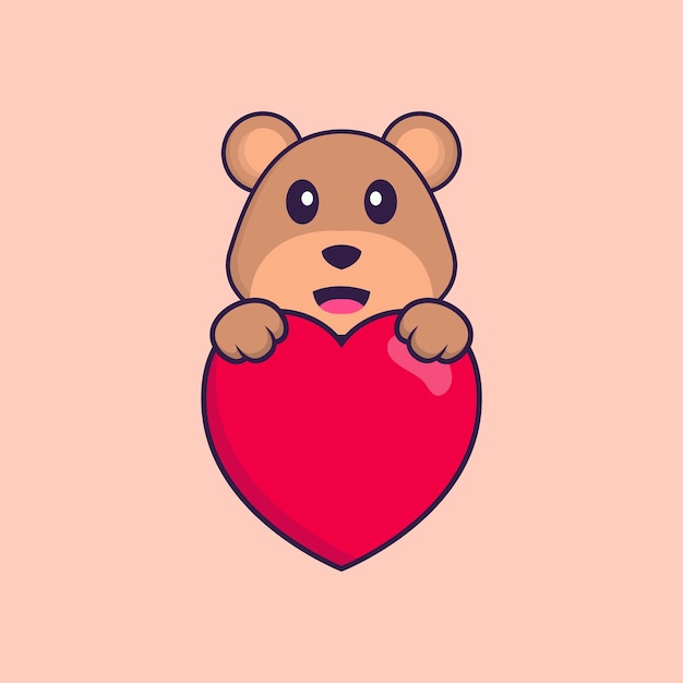 Cute bear holding a big red heart Animal cartoon concept isolated