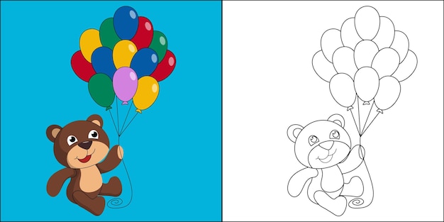 Cute bear holding colorful balloons suitable for children's coloring page vector illustration