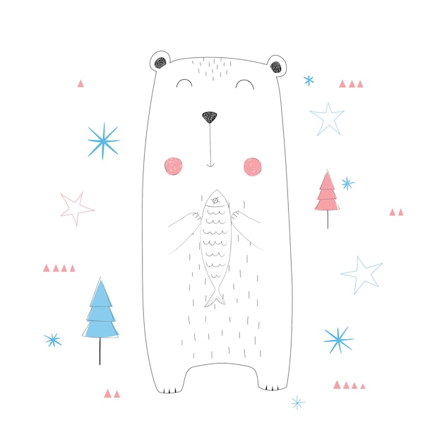 Vector cute bear holding fish.