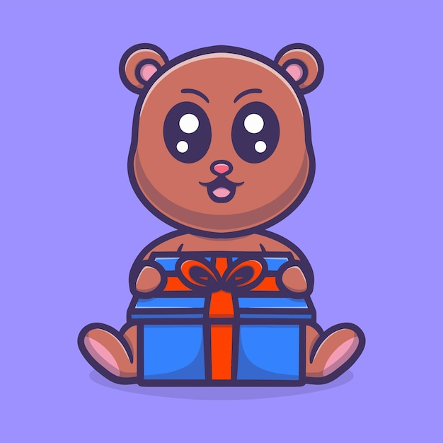 Cute bear holding gift cartoon vector icon illustration