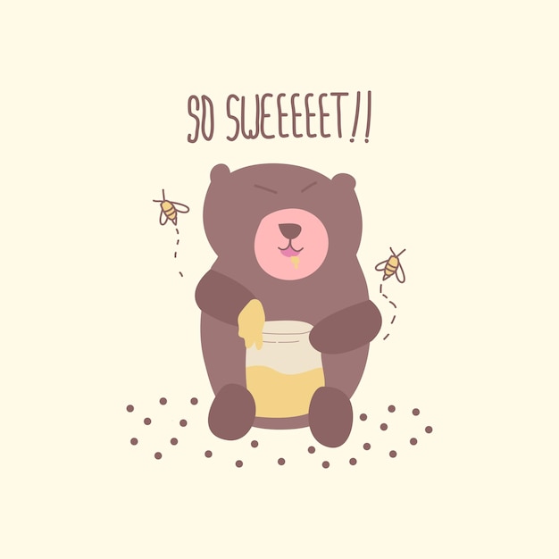 Cute bear holding a honey jar in childish style Vector Illustration