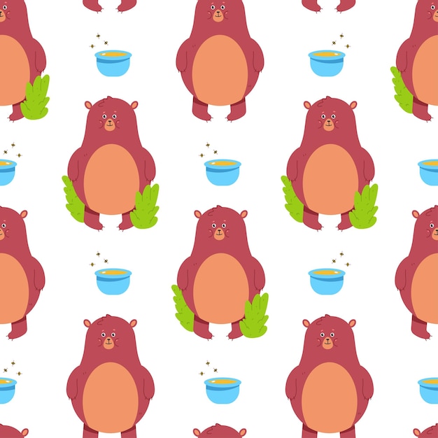 Cute bear and honey vector cartoon seamless pattern