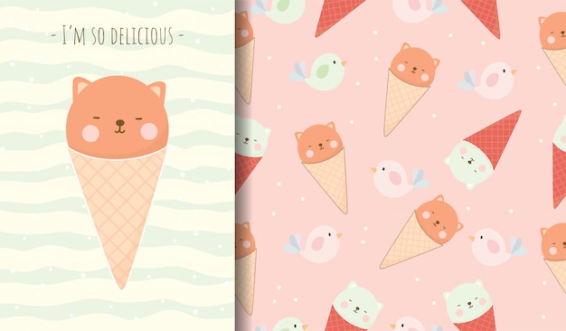 Cute bear in ice cream cone cartoon card and seamless pattern for kid.