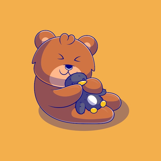 Cute bear illustration hugging a penguin doll suitable for mascot sticker and tshirt design