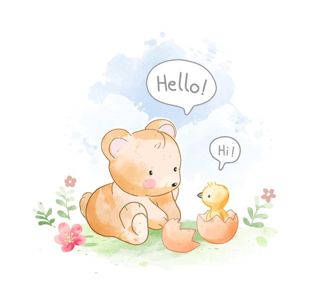 Cute bear and little duck on flowers field illustration