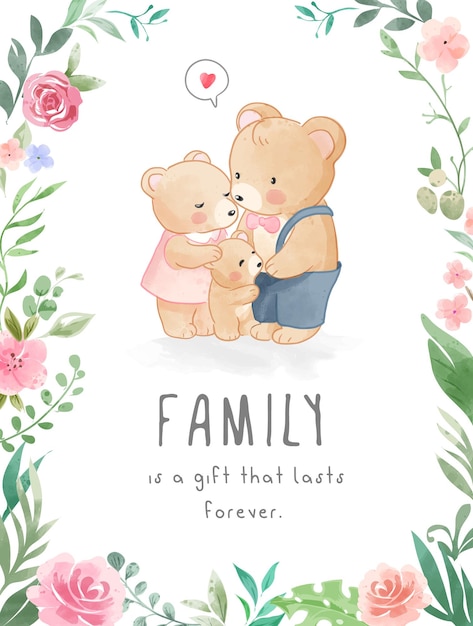 Cute bear lovely family card in colorful flowers frame illustration