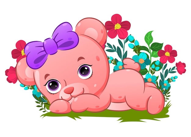 The cute bear lying  down on the grass in the garden full of flowers of illustration