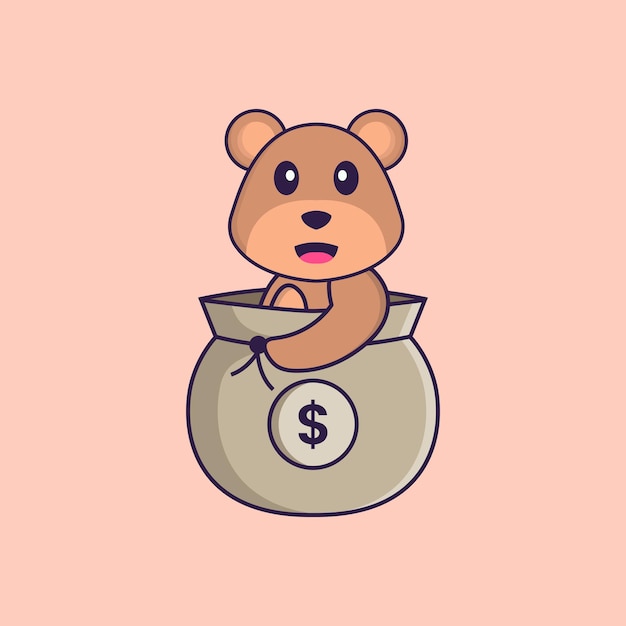 Cute bear in a money bag. Animal cartoon concept isolated. Flat Cartoon Style