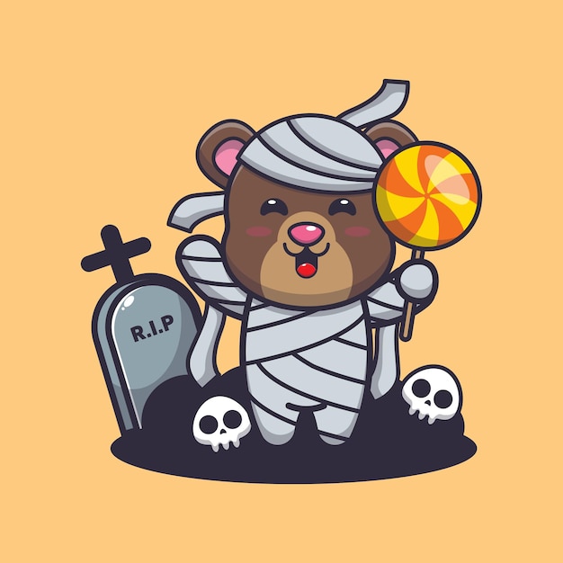 cute bear mummy holding candy cute halloween cartoon illustration