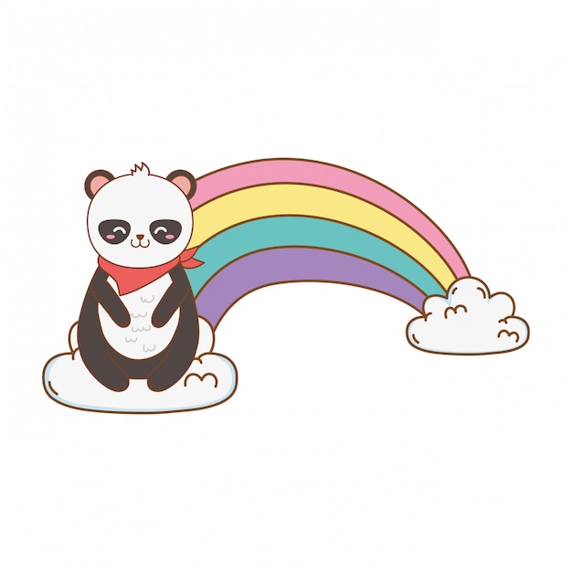 Cute bear panda in the clouds with rainbow