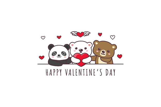 Cute bear, panda, polar bear drawing happy Valentine's Day doodle