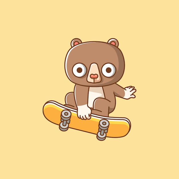 Cute bear Playing Skateboard trick animal kawaii chibi character mascot illustration outline style