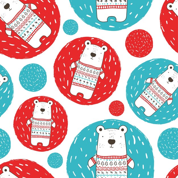 Cute bear in pullover with fir tree and snowflakes Seamless pattern for Christmas and New Year