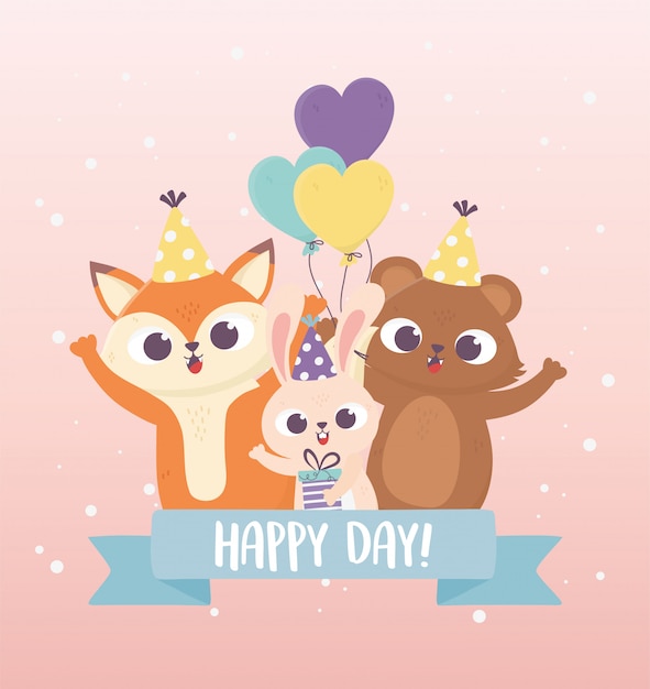 cute bear rabbit and fox with party hats gift balloons animals celebration happy day greeting card