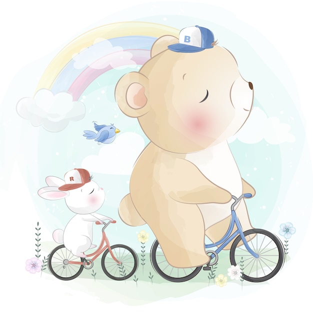 Cute bear riding a bicycle with little bunny