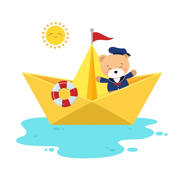 Cute bear in sailor uniform sailing with origami ship