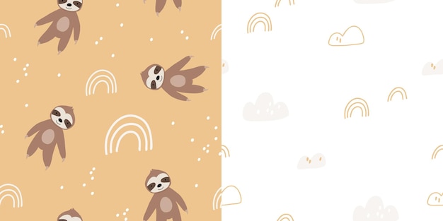 Cute bear seamless pattern sloth with rainbows Kawaii cartoon character Baby greeting card template Notebook cover tshirt