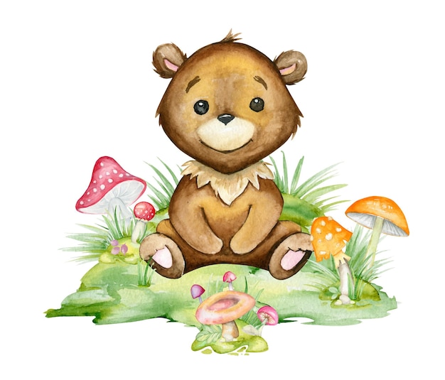 Cute, bear, sitting in a clearing, surrounded by mushrooms