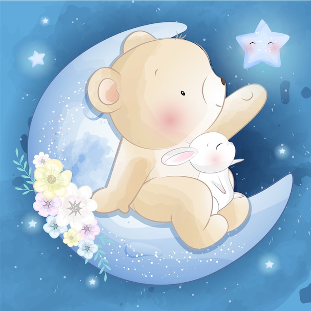 Cute bear sitting in the moon with little bunny