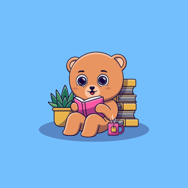 Cute bear sitting while reading book