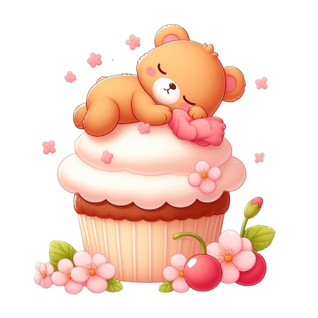 Cute bear sleeping on cupcake clipart watercolor