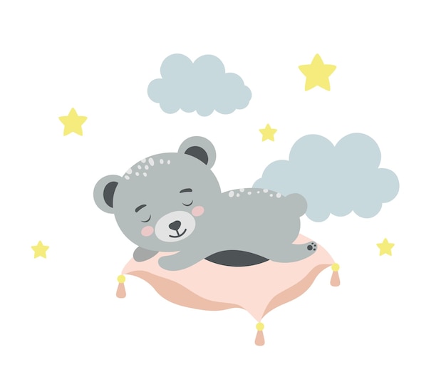 Cute Bear sleeping on the pillow Baby animal concept illustration for nursery character for children