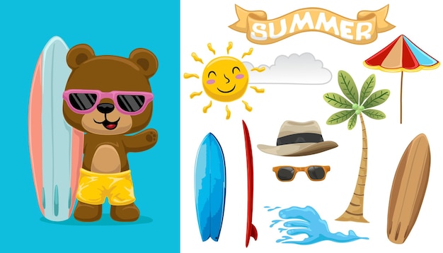 Cute bear surfer cartoon hand drawn vector illustration with summer beach elements