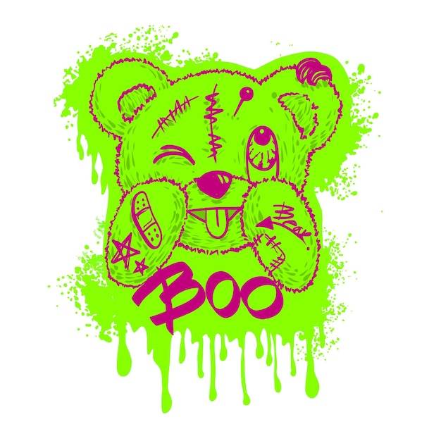 Cute bear toy punk style with tattoo for tshirt print design vector illustration and slogan Boo Halloween concept