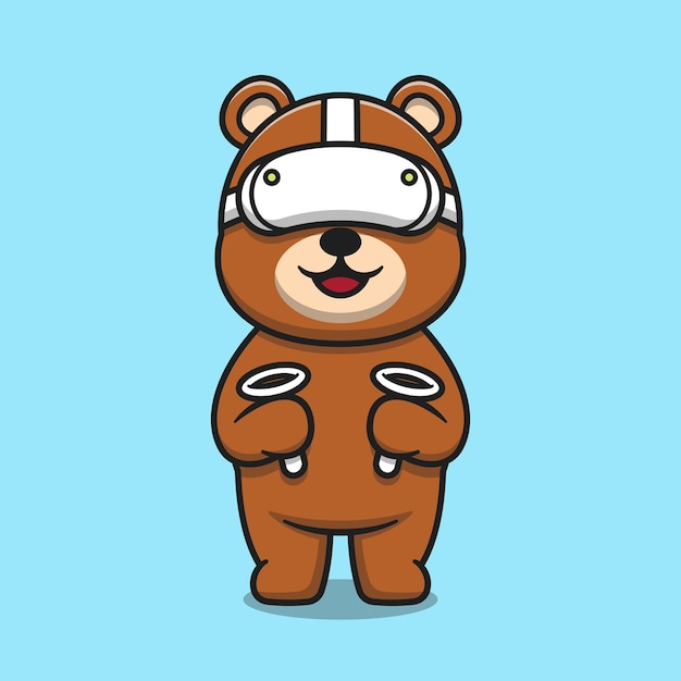 Cute bear using virtual reality headset cartoon icon illustration. Animal technology mascot character concept isolated vector. Flat cartoon style