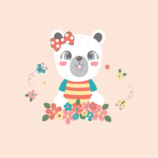 cute bear vector illustration with beautiful flowers