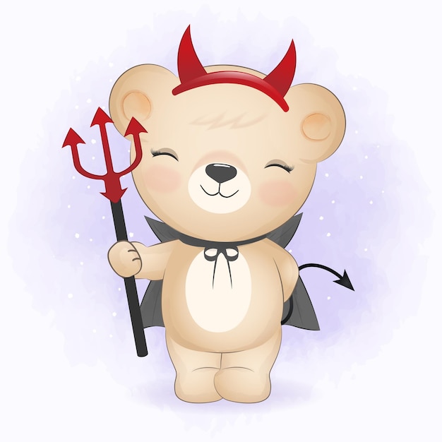 Cute Bear wearing halloween costume and holding trident  Halloween illustration