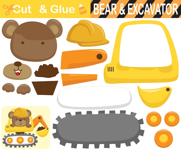 Cute bear wearing worker helmet on excavator. Education paper game for children. Cutout and gluing.   cartoon illustration