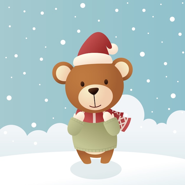 Cute Bear in winter clothes and Snow.Merry Christmas illustration